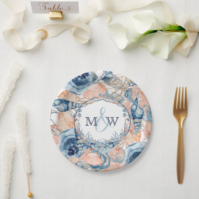 Assiettes En Carton Mariage nautique de plage de coquillages et Roses, (Mariage)