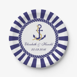 Assiettes En Carton Mariage Naútque Moderne Bleu Marine Blanc Rayures