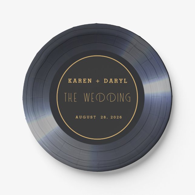 Assiettes En Carton Mariage noir Retro Vinyl Record (Devant)