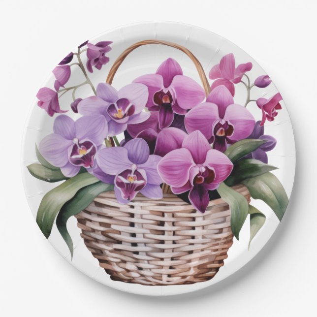 Assiettes En Carton Mariage Orchidées violettes et blanches (Devant)