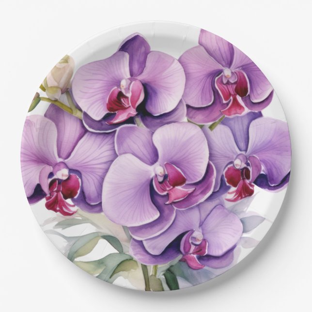 Assiettes En Carton Mariage Orchidées violettes et blanches (Devant)