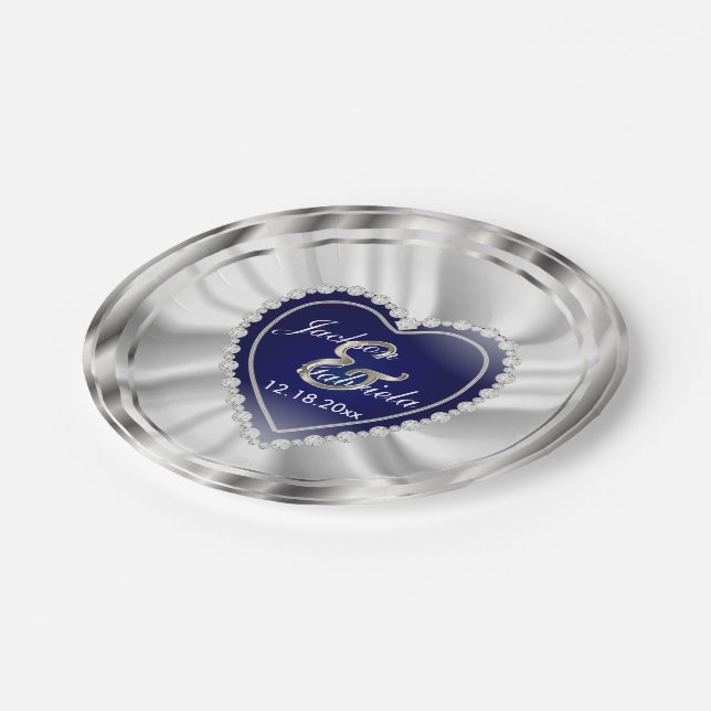 Assiettes En Carton Mariage ou anniversaire en argent et bleu foncé (Angle)