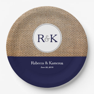 Assiettes En Carton Mariage personnalisé Burlap & Dark Blue