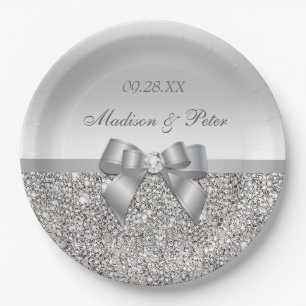 Assiettes En Carton Mariage personnalisé d'arc de paillettes d'argent