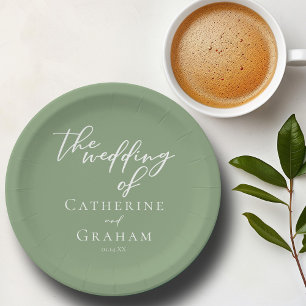 Assiettes En Carton Mariage personnalisé Sage Green White Script