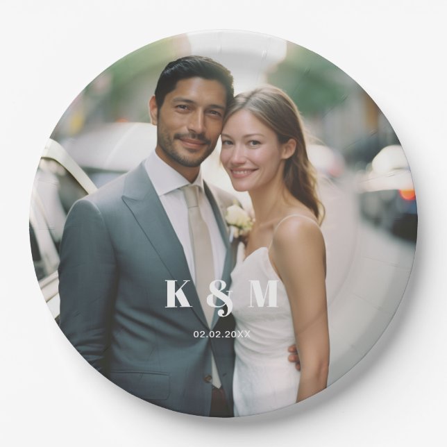 Assiettes En Carton Mariage photo monogramme moderne (Devant)