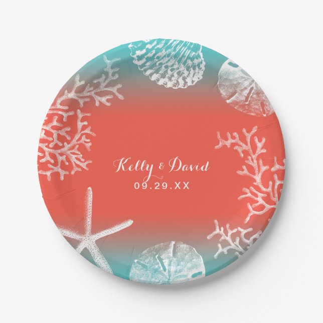 Assiettes En Carton Mariage plage Coral Reef & Starfish (Devant)