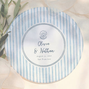Assiettes En Carton Mariage Rétro aux Rayures Bleues Dessinées à la Ma