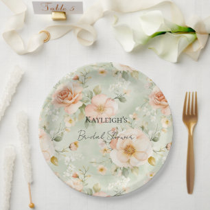 Assiettes En Carton Mariage Romantique aux Roses de Pêche à la Menthe