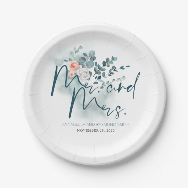 Assiettes En Carton Mariage romantique avec verdure d'eucalyptus (Devant)
