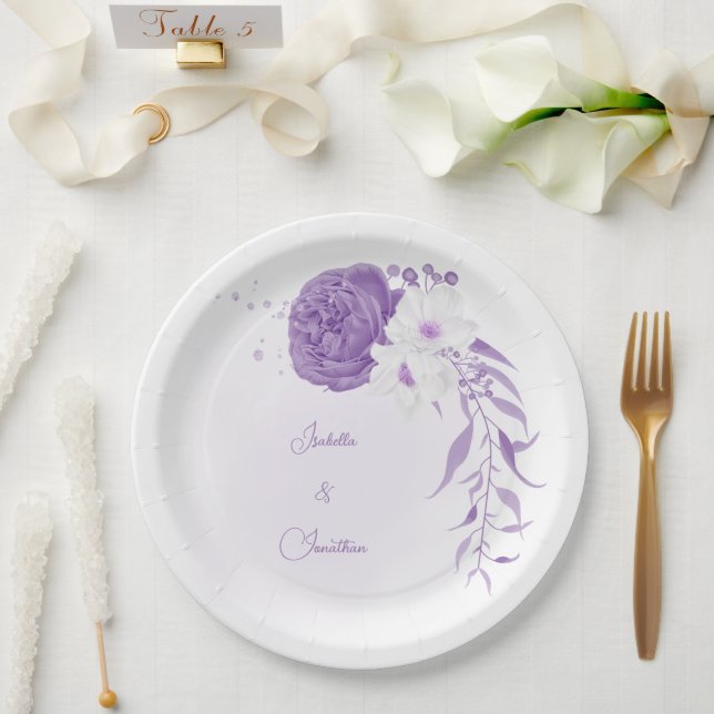 Assiettes En Carton mariage romantique blanc & violet (Mariage)