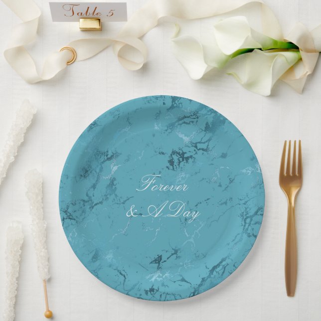 Assiettes En Carton Mariage romantique en marbre bleu Aqua (Mariage)
