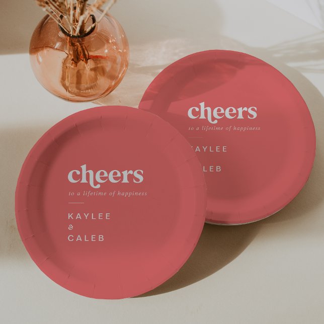 Assiettes En Carton Mariage Rose Chaud Été Rétro (Retro Summer Hot Pink Cheers Wedding Paper Plates)