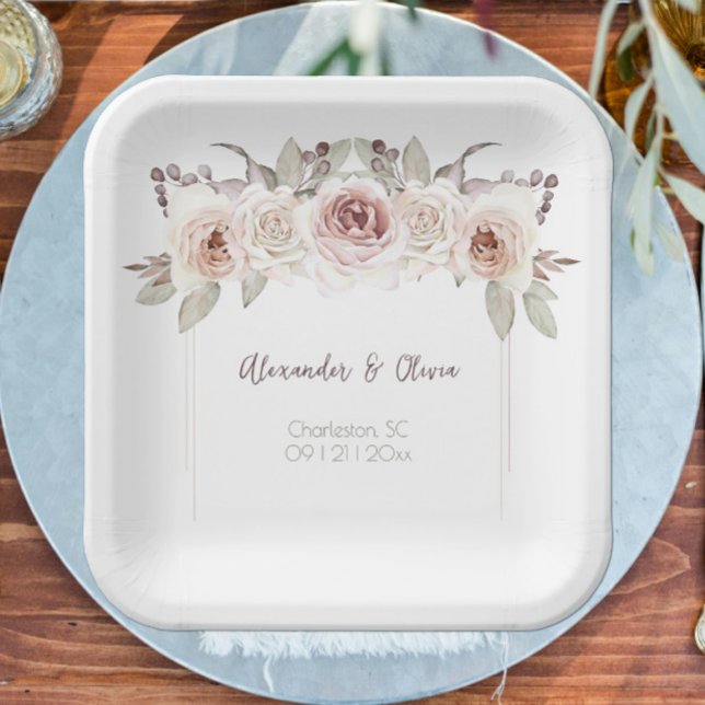 Assiettes En Carton Mariage Rose de Bohême (Bohemian Rose Wedding Paper Plates)
