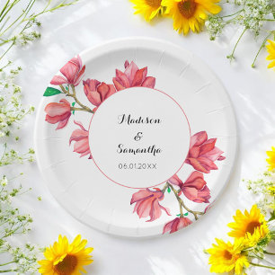 Assiettes En Carton Mariage rose floral blanc Magnolia Aquarelle