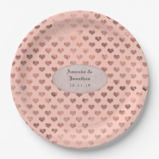 Assiettes En Carton Mariage Rose Gold et Blush Foil Love Hearts (Devant)