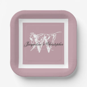 Assiettes En Carton Mariage Rose Poussiéreux Élégant Monogramme & Noms