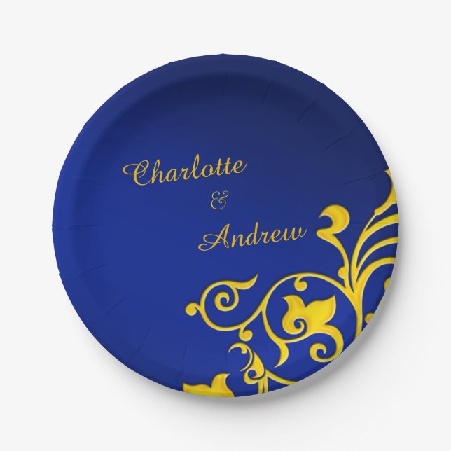 Assiettes En Carton Mariage Royal Blue et Gold (Devant)