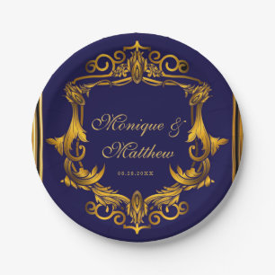 Assiettes En Carton Mariage Royal Crown Blue et Gold Flouring