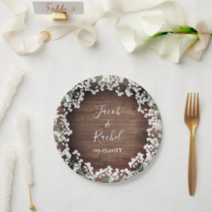 Assiettes En Carton Mariage Rustic Baby's Breath on Dark Wood