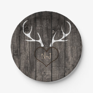 Assiettes En Carton Mariage Rustique avec Bois de Cerf et Cœur Gravé