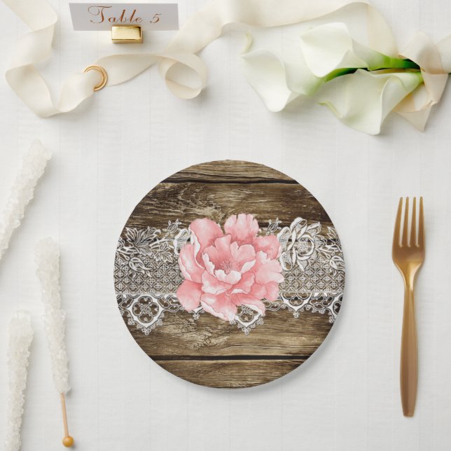 Assiettes En Carton Mariage rustique en bois et dentelle (Mariage)