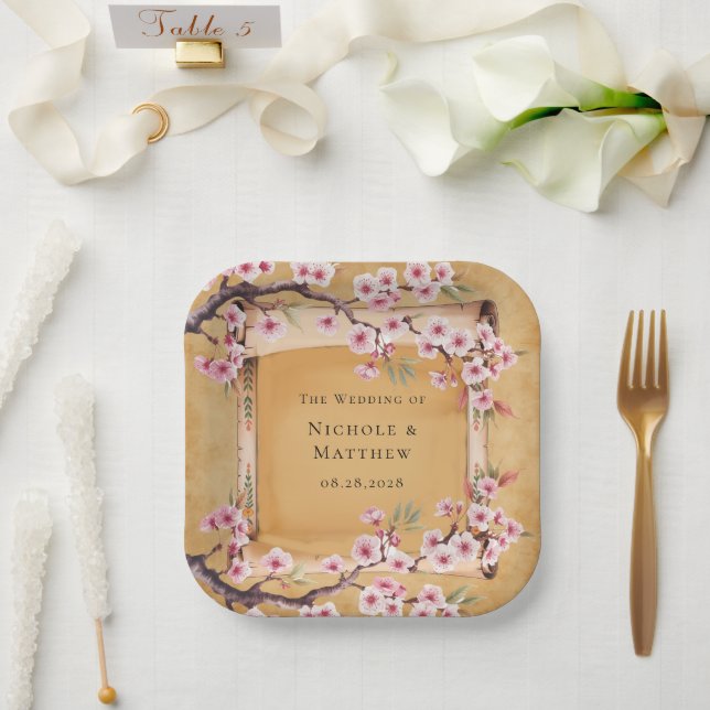Assiettes En Carton Mariage Rustique Floral Scroll Cherry Blossom (Mariage)