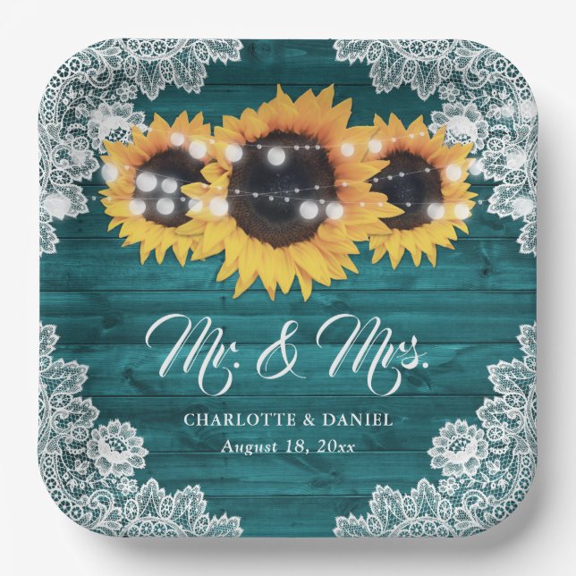 Assiettes En Carton Mariage rustique sarcelle tournesol (Recto)