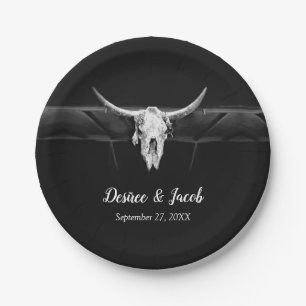 Assiettes En Carton Mariage Rustique Western Noir et Blanc Taureau