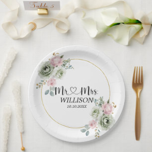 Assiettes En Carton Mariage Sage Vert & Fleurs Roses