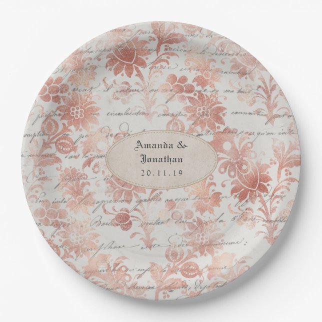 Assiettes En Carton Mariage Shabby-Chic Rose Doré (Devant)