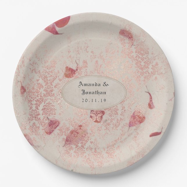 Assiettes En Carton Mariage Shabby-Chic Rose Doré (Devant)