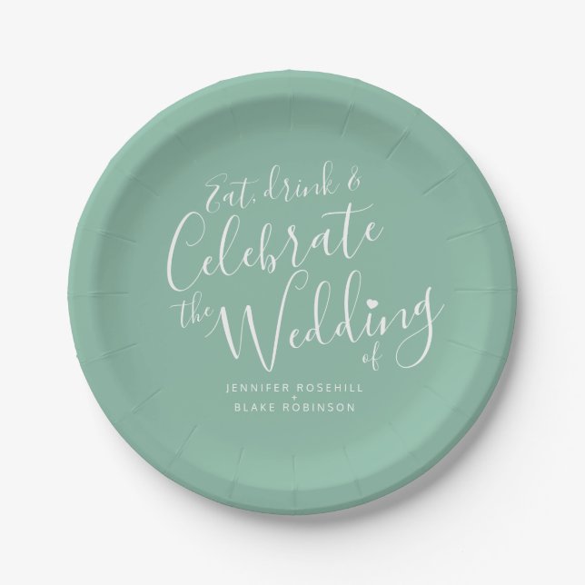 Assiettes En Carton Mariage simple vert blanc script personnalisé (Devant)