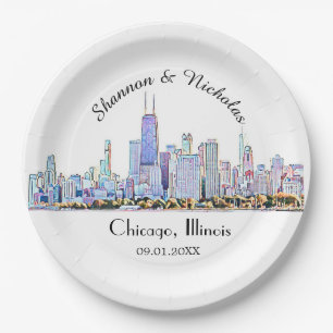 Assiettes En Carton Mariage Skyline de Chicago personnalisé