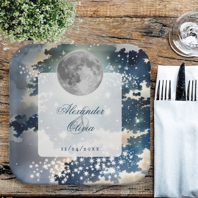 Assiettes En Carton Mariage sous le ciel nocturne lunaire (Lunar Night Sky Wedding Paper Plates)