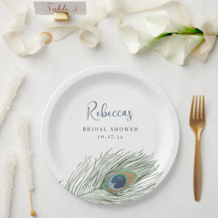 Assiettes En Carton Mariage thème plume de paon aquarelle