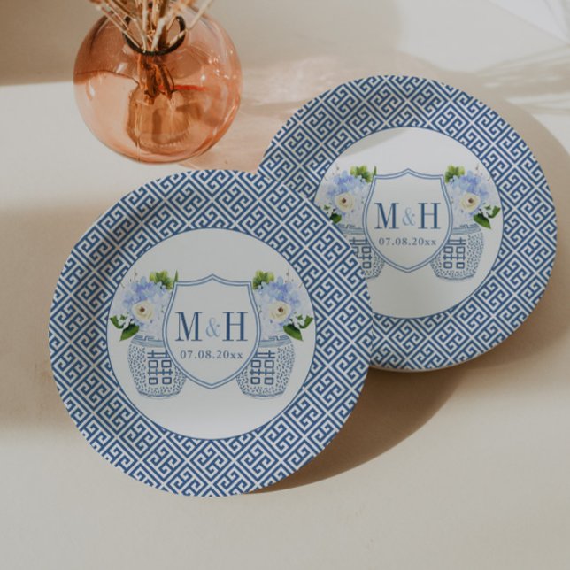 Assiettes En Carton Mariage Timeless Jar Monogram Shower de Mariage (Couples Shower or wedding paper plates. Blue and white ginger jar monogram with watercolor flowers)