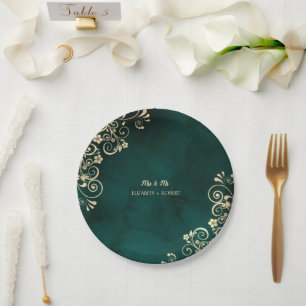 Assiettes En Carton Mariage Vert Émeraude Tourbillons Dorés 