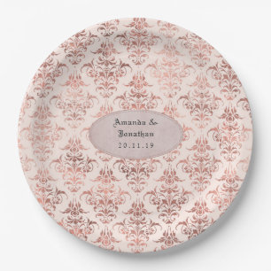 Assiettes En Carton Mariage vintage damask or rose et rose pastel