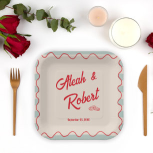 Assiettes En Carton Mariage Vintage Rétro Écriture Rouge Rayures Bleue