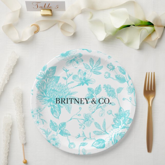 Assiettes En Carton Mariée & Co. Toile Florale Bleue Personnalisée (Mariage)
