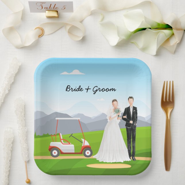 Assiettes En Carton Mariée de golf et marié avec Mariage de balle de g (Mariage)