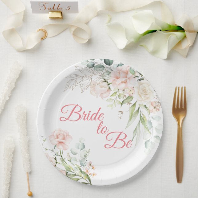 Assiettes En Carton Mariée Élégante Fleurs Rose Script (Mariage)