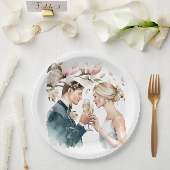 Assiettes En Carton Mariée et Champagne de chambre Magnolias (Mariage)