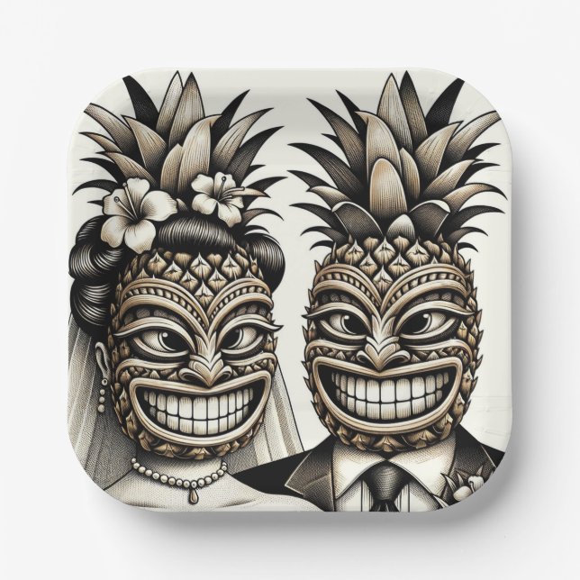 Assiettes En Carton Mariés Tête Tiki Aloha Ananas de Mariage  (Recto)