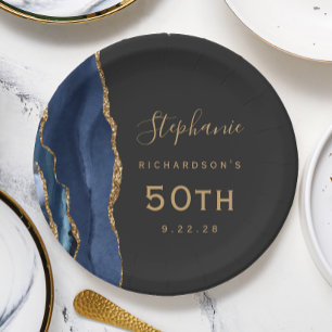 Assiettes En Carton Marine Bleu Agate Marbre Or foncé 50e anniversaire