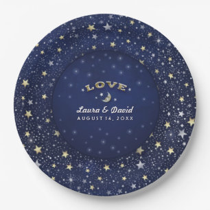 Assiettes En Carton Marine Bleu Blanc & Or AMOUR Lune & Étoiles Mariag