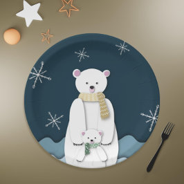Assiettes En Carton Marine Bleu blanc Polar Ours maman avec Bébé Party