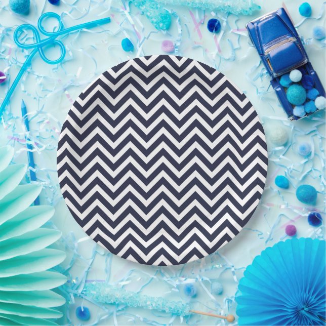 Assiettes En Carton Marine bleu et blanc Chevron (Fête)