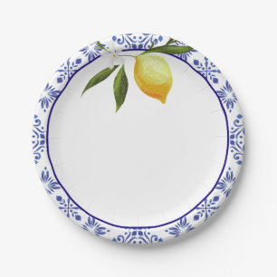 Assiettes En Carton Marine bleu et citron